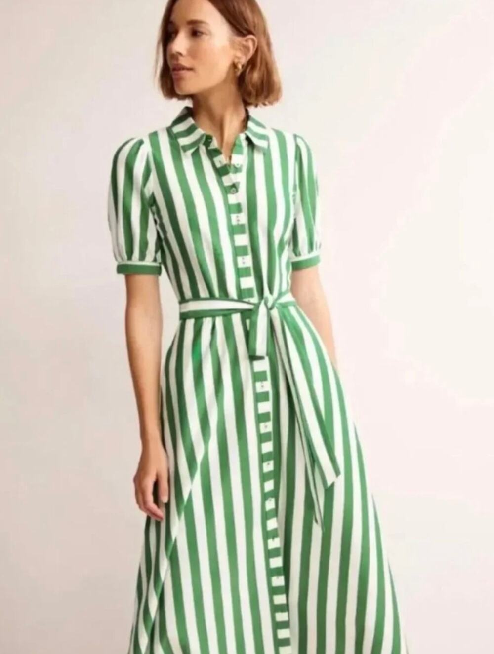 Boden Libby Jersey Knit Shirt Dress Green White Stripe Pockets Belted Size 12